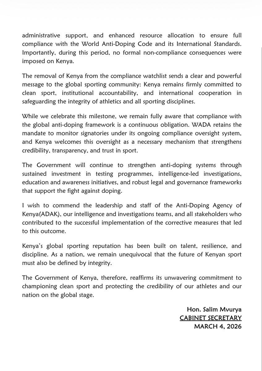 KENYA REMOVED FROM WADA NON-COMPLIANCE WATCHLIST