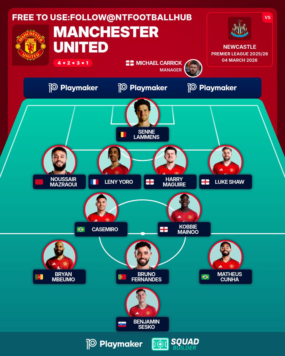 NTFootballHub's tweet image. Man Utd vs Newcastle Team News: 🚨

🇸🇮 Sesko leads the line again.
🇨🇮 Amad remains on the bench.
🇲🇦 Mazraoui starts over Dalot.
🇫🇷 Yoro continues to fill in for the injured Martinez.

⚠️ Huge miss for #NUFC as Bruno Guimarães is out.

#MUNNEW #MUFC #PremierLeague