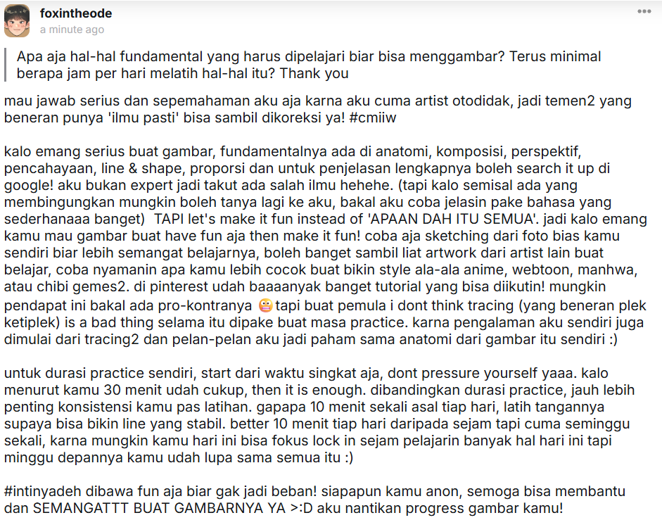 foxintheode's tweet photo. anon semangat ya belajarnya! dan buat siapapun yang mau mulai menggambar, semangat!!! kalo ada pertanyaan apapun etmin foxintheode sangat amat terbuka untuk ditanya banyak hal >:D
#modeserius https://t.co/jWRftG4eef