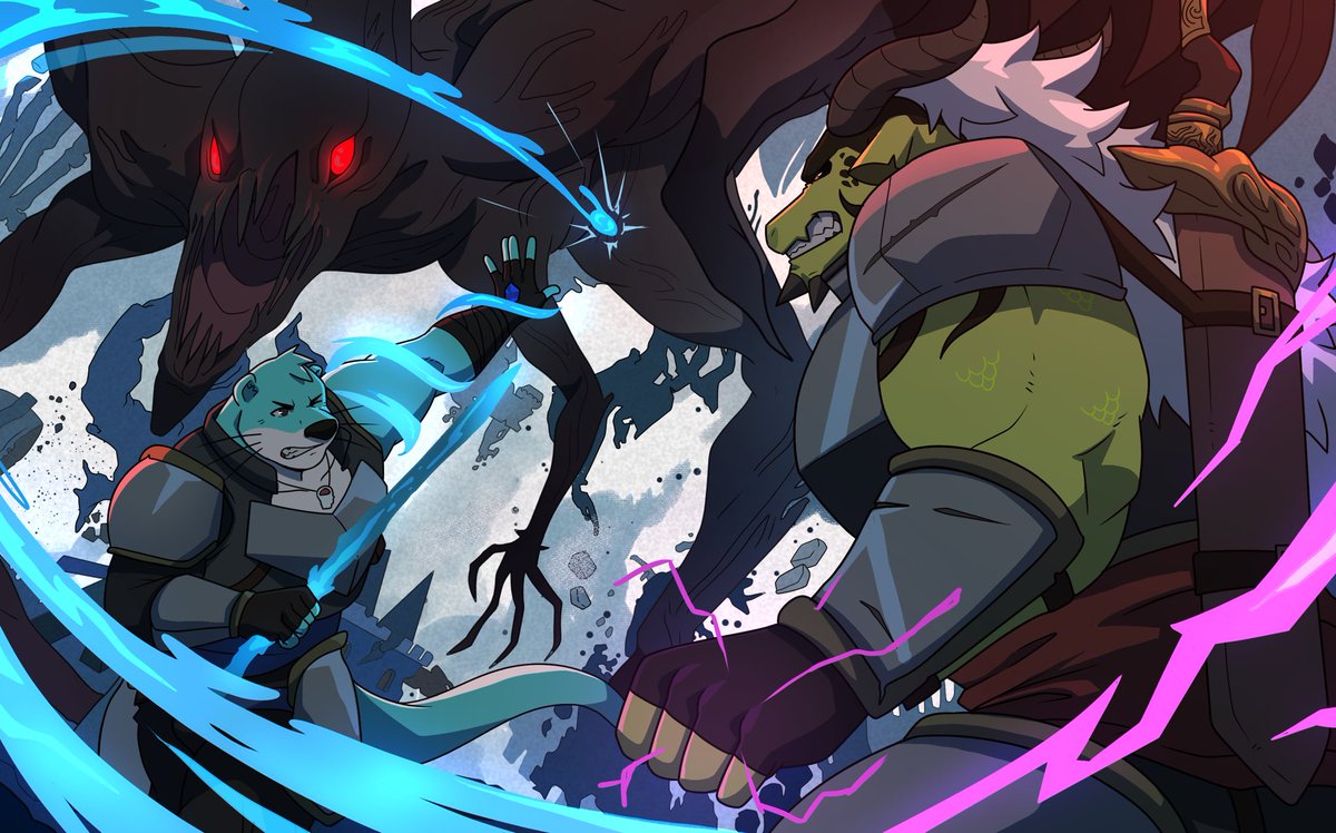 Stand your ground…defeat the monster who hunts… ⚔️🛡️

As long as we breathe, WE CAN FIGHT‼️🌊🐉 

🎨: <a href="/ho_tdoug/">HoTdoug</a> Amazing work as always‼️

First YCH X R3x piece done by such an amazing artist‼️Local is the otter in the piece, he won our discord server giveaway, I hope you like