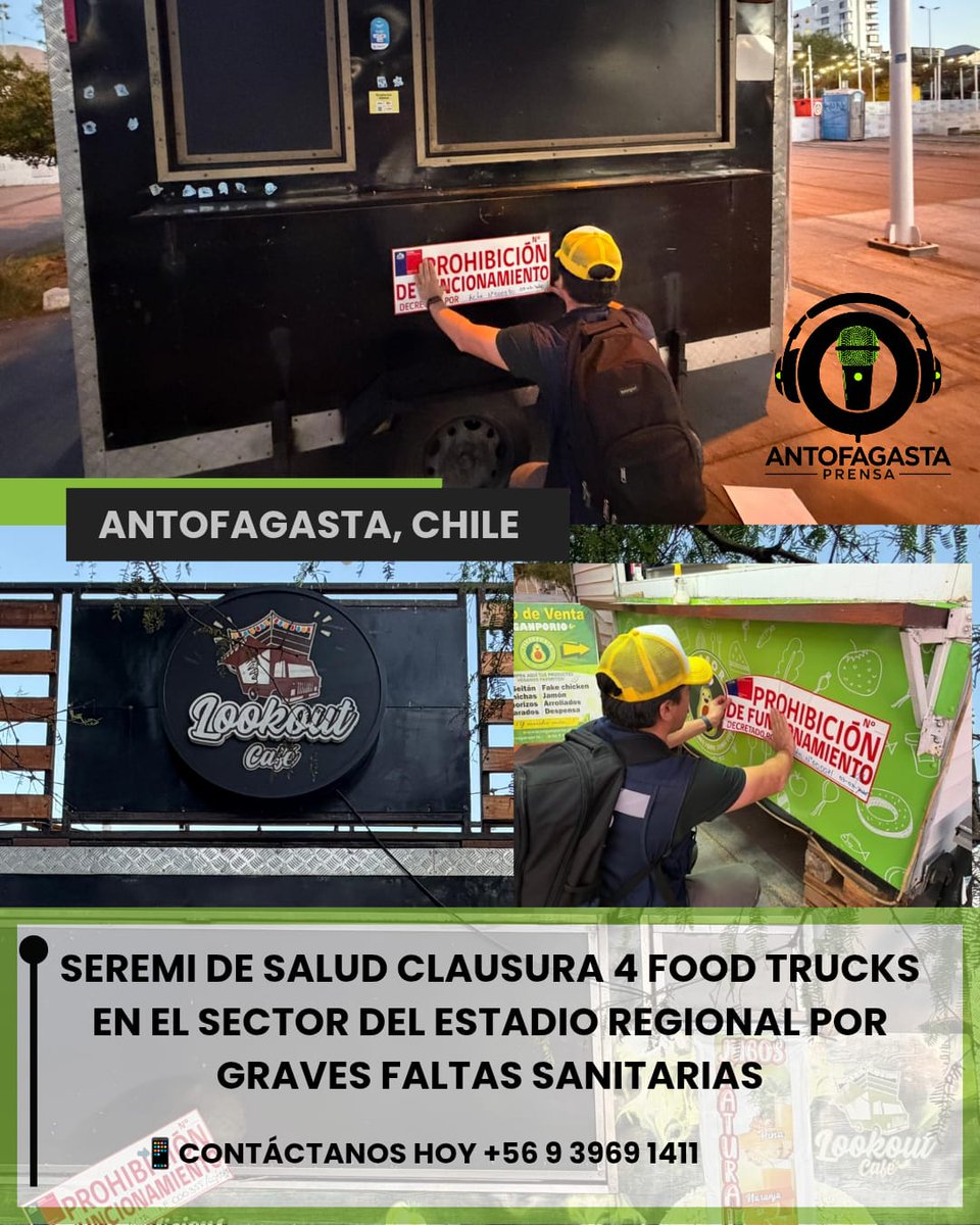 La Seremi de Salud de #Antofagasta prohibió el funcionamiento de 4 food trucks en el sector del Estadio Regional tras una denuncia ciudadana.
​Principales faltas detectadas:
​Higiene crítica: Falta de agua potable y de baños para los trabajadores.