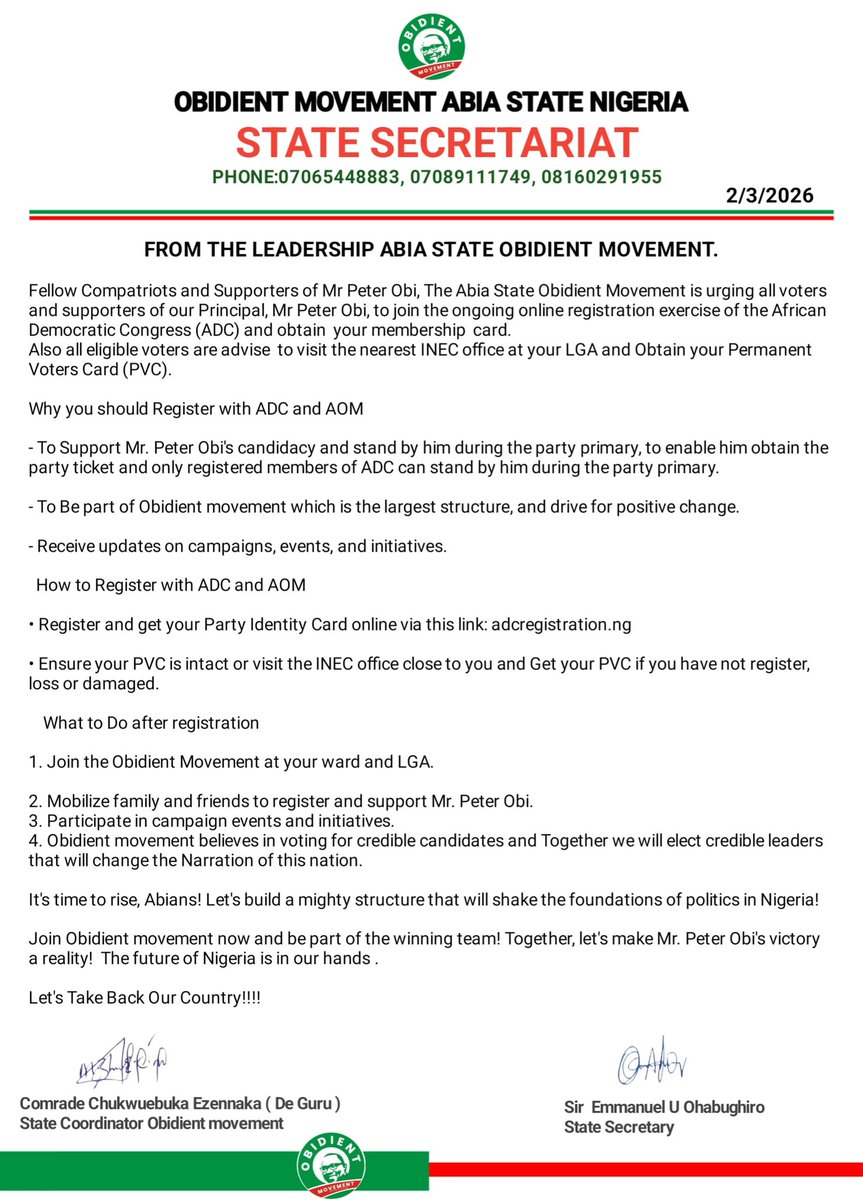 From The State Leadership Abia Obidient Movement.