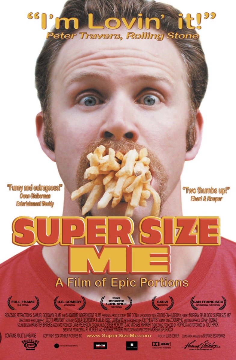 Bellamy__Blue's tweet photo. It's apparent that not many people have seen the documentary called "Super Size Me" where Morgan Spurlock ate ONLY McDonald's food for 30 days, three times a day, without exercising, to explore the effects of fast food on health and the obesity epidemic. https://t.co/Zyhb601N5f