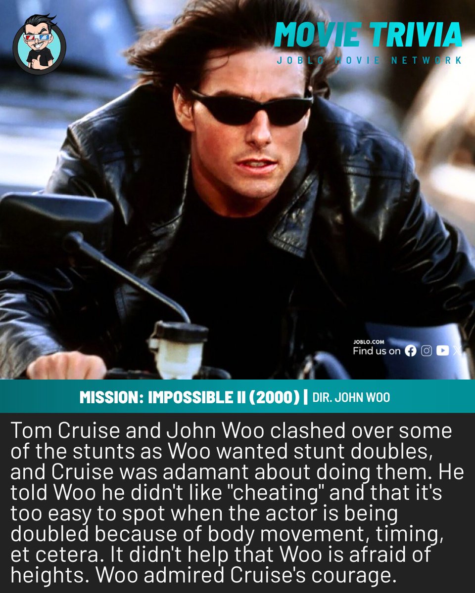 joblocom's tweet photo. Movie Trivia: Mission: Impossible II (2000) 🎥
#MovieTrivia #MissionImpossible #TomCruise #JohnWoo #StuntWork https://t.co/d4sjVDcpjS