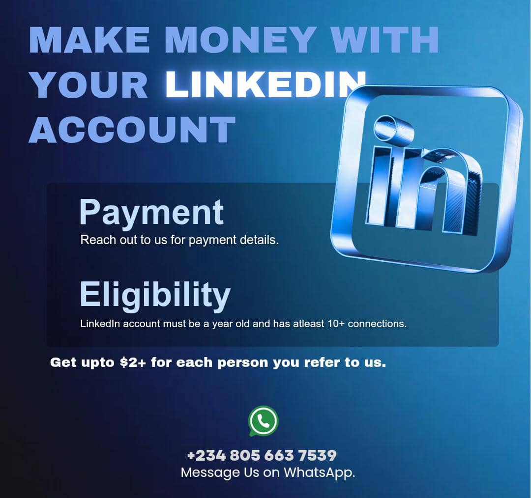 If you have a LinkedIn account that's up to 1 year and 20 connections 
Rent your LinkedIn account and earn up 10$ to 100$ weekly Just by renting 
First payment is after 24hr 
If you're interested please send a DM
wa.me/2348056637539