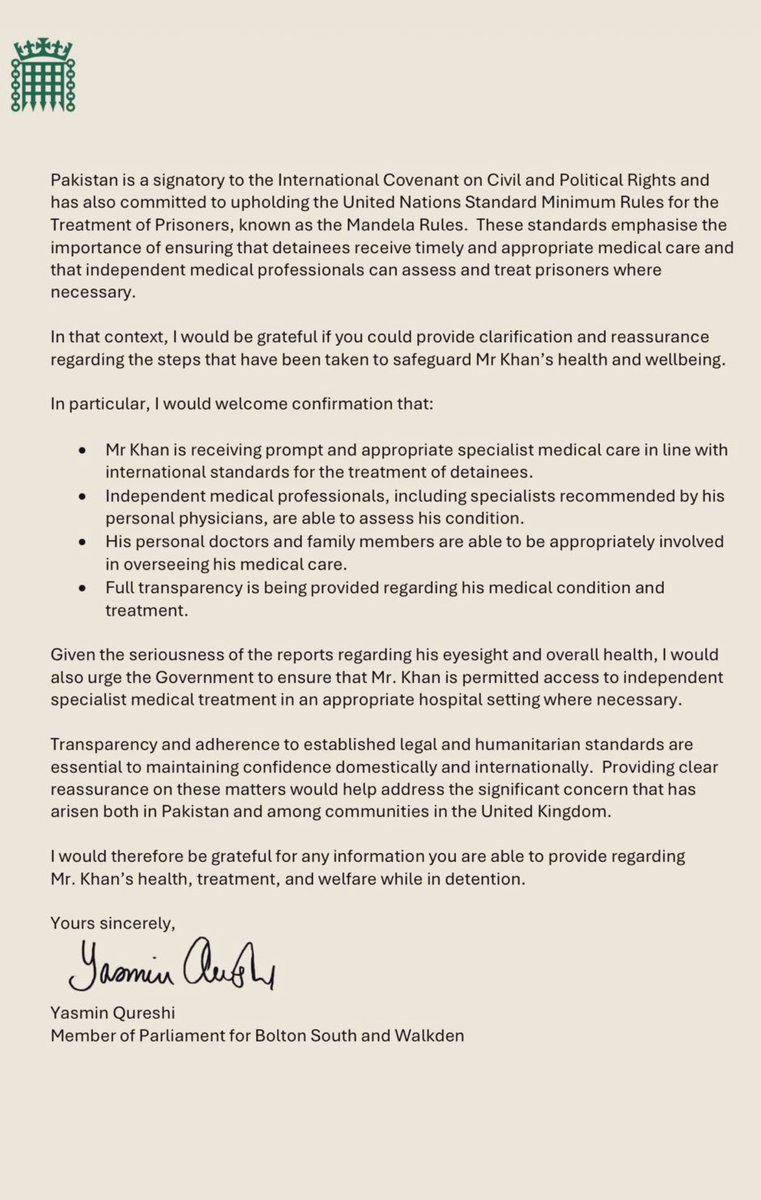 International pressure is mounting up!

British MP <a href="/YasminQureshiMP/">Yasmin Qureshi MP</a> wrote a letter to Pakistan Govt highlighting concerns over Imran Khan’s eye condition and called out lack of access to his doctors and family. Pakistan needs to uphold Mandela Rules.

#MedicalUrgencyForImranKhan