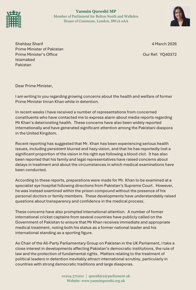 agentjay2009's tweet photo. International pressure is mounting up!

British MP @YasminQureshiMP wrote a letter to Pakistan Govt highlighting concerns over Imran Khan’s eye condition and called out lack of access to his doctors and family. Pakistan needs to uphold Mandela Rules.

#MedicalUrgencyForImranKhan https://t.co/fvwN2D3Z8s