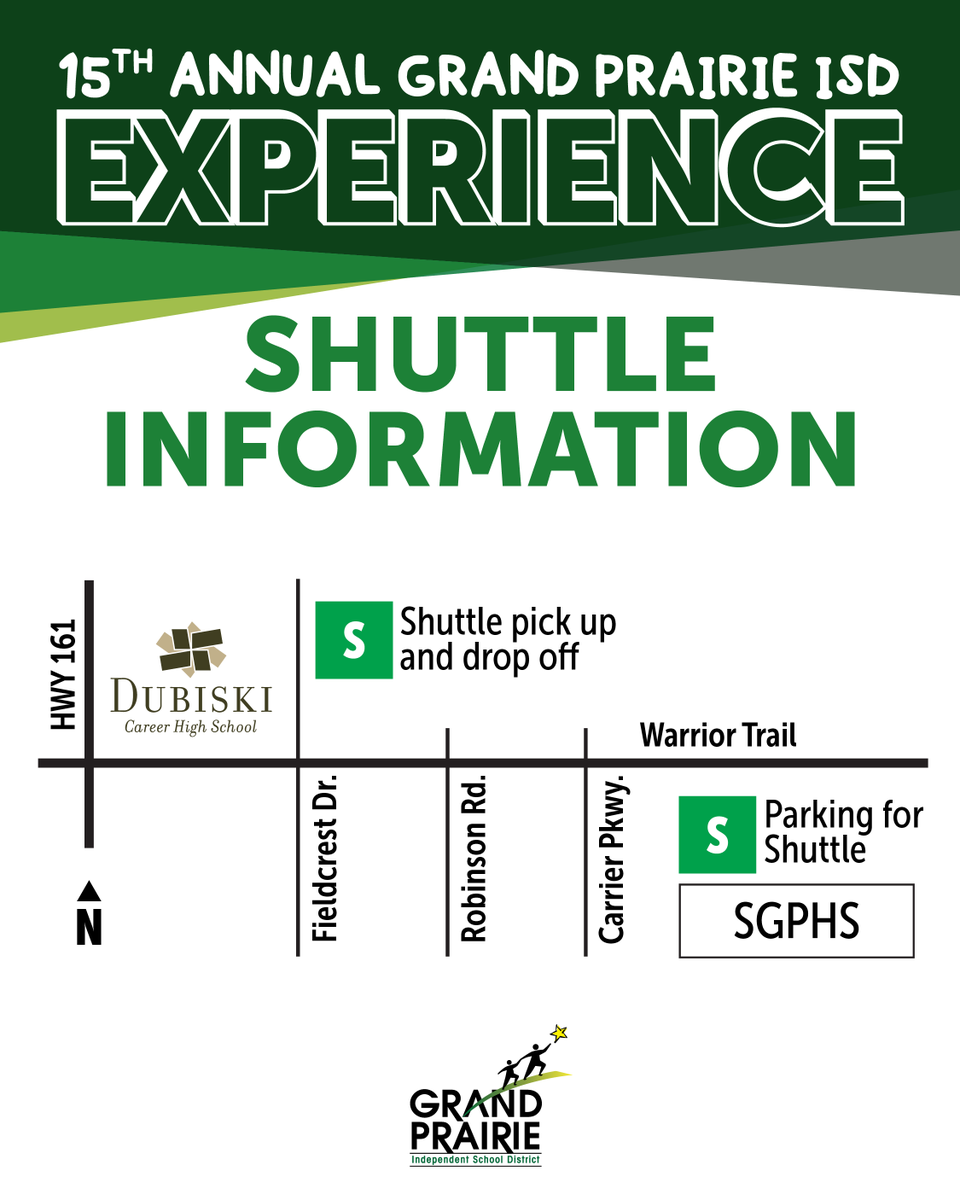 grandprairieisd's tweet photo. GPISD is offering a FREE park-n-ride shuttle from South Grand Prairie High School (301 W. Warrior Trail, Grand Prairie, TX 75052) to the GPISD Experience at Dubiski this Saturday. The shuttle will run continuously throughout the event, making it easier than ever to come and go. https://t.co/5IHP30o6Dt