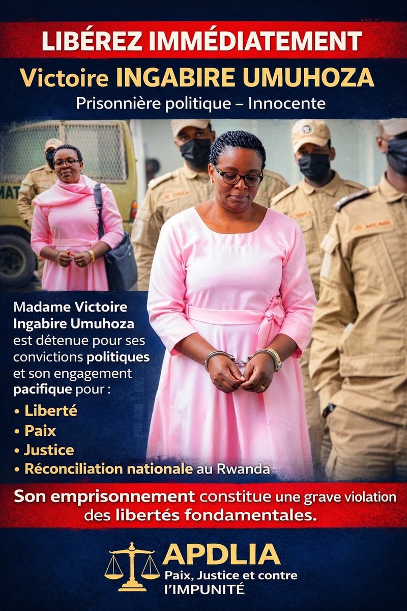 🚨 URGENT 🚨 
🟢 🔊⚖️ Appel pour la libération immédiate et inconditionnelle de #Victoire_Ingabire_Umuhoza 🟢

📌 📢 Nous appelons le régime de #PaulKagame à libérer immédiatement et sans conditions Madame Victoire Ingabire Umuhoza, injustement emprisonnée pour ses convictions et