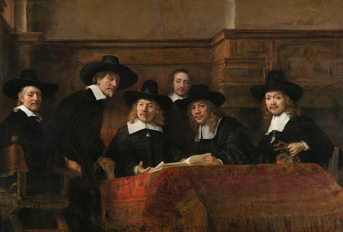 El retrato colectivo en la Holanda barroca del primer y segundo tercio del s.XVII respectivamente.
'Los Orfebres' posan para el pintor Thomas de Keyser,que inspiró a Rembrandt para 'Los Pañeros',pero como irrumpiendo sorpresivamente en su sala y escena...
#historia #arte #pintura