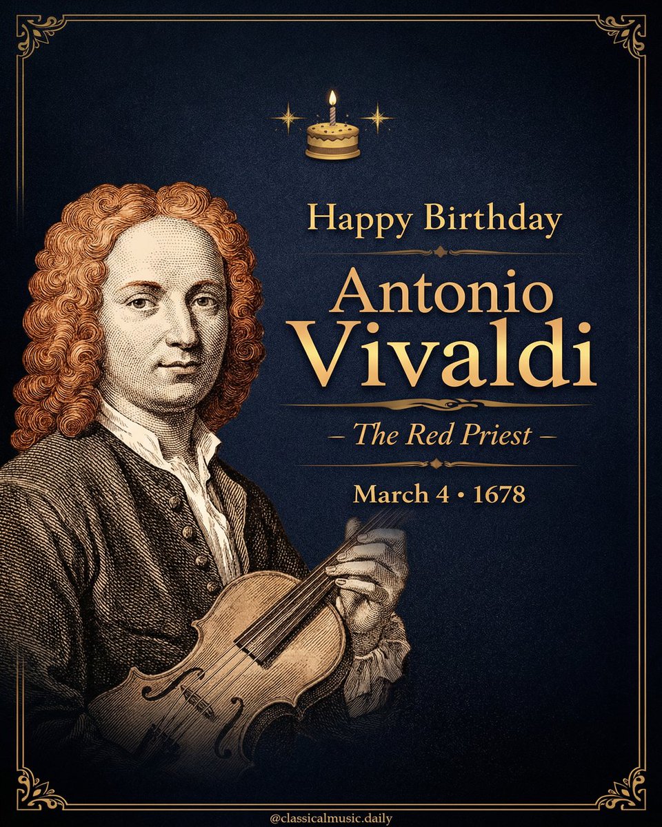 daily_classical's tweet photo. Born on this day in 1678 — Antonio Vivaldi. 🎻Known as "Il Prete Rosso" (The Red Priest), Vivaldi composed over 500 concertos and gave us one of the most iconic works in all of classical music: The Four Seasons.

A virtuoso violinist, a revolutionary composer, and a Baroque Maste https://t.co/qquD0aUI69