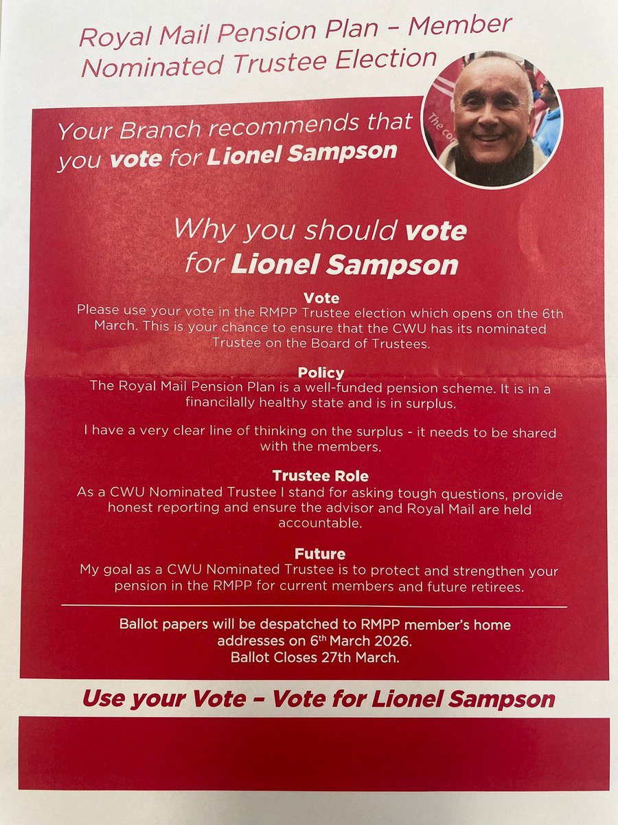 CwuGlasgow's tweet photo. CWU Glasgow & District Amal is recommending members vote for Lionel Sampson in the Royal Mail Pension Plan Member Nominated Trustee election.
Ballot papers sent 6 March 2026
Voting closes 27 March
Use your vote. Vote Lionel Sampson.
#CWU #RoyalMail #RMPP https://t.co/1m7WYgZsUa