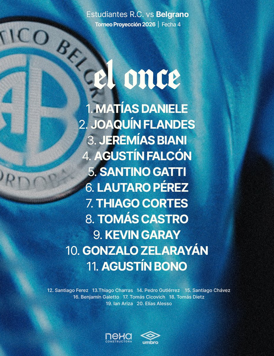 Belgrano's tweet photo. 📋 Así forma la #ReservaBelgrano para enfrentar a Estudiantes R.C. en la fecha 4️⃣ del #TorneoProyección.

#VamosLosPibes ☠️👊 https://t.co/S39TEBIb3s