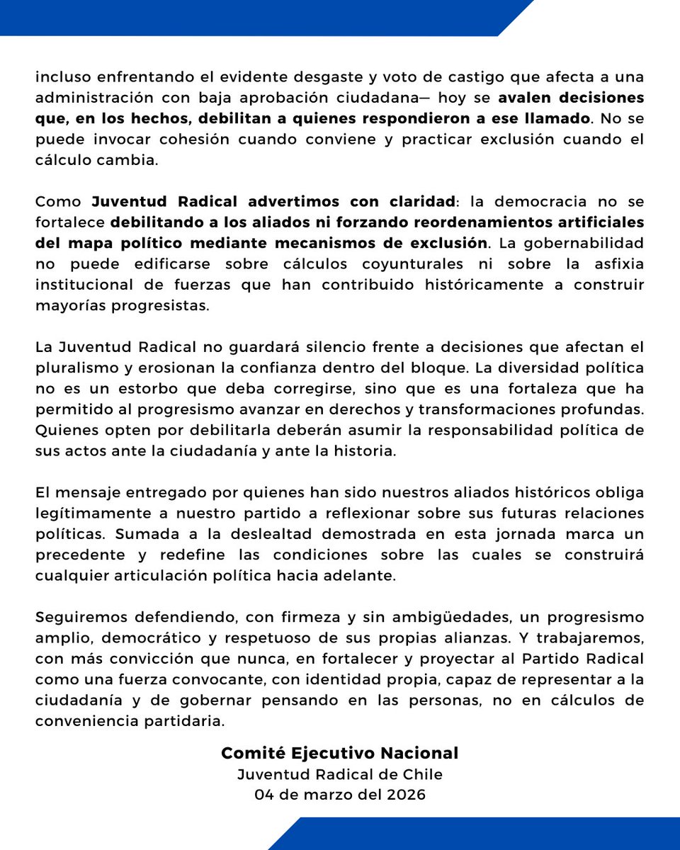 JRadicalcl's tweet photo. Declaración de la Juventud Radical por la deslealtad de nuestros aliados políticos en la votación de la fusión entre partidos. https://t.co/I8bYMcm7U2