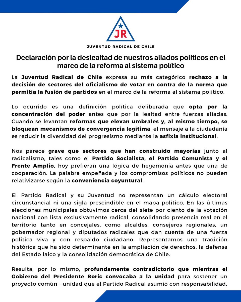JRadicalcl's tweet photo. Declaración de la Juventud Radical por la deslealtad de nuestros aliados políticos en la votación de la fusión entre partidos. https://t.co/I8bYMcm7U2