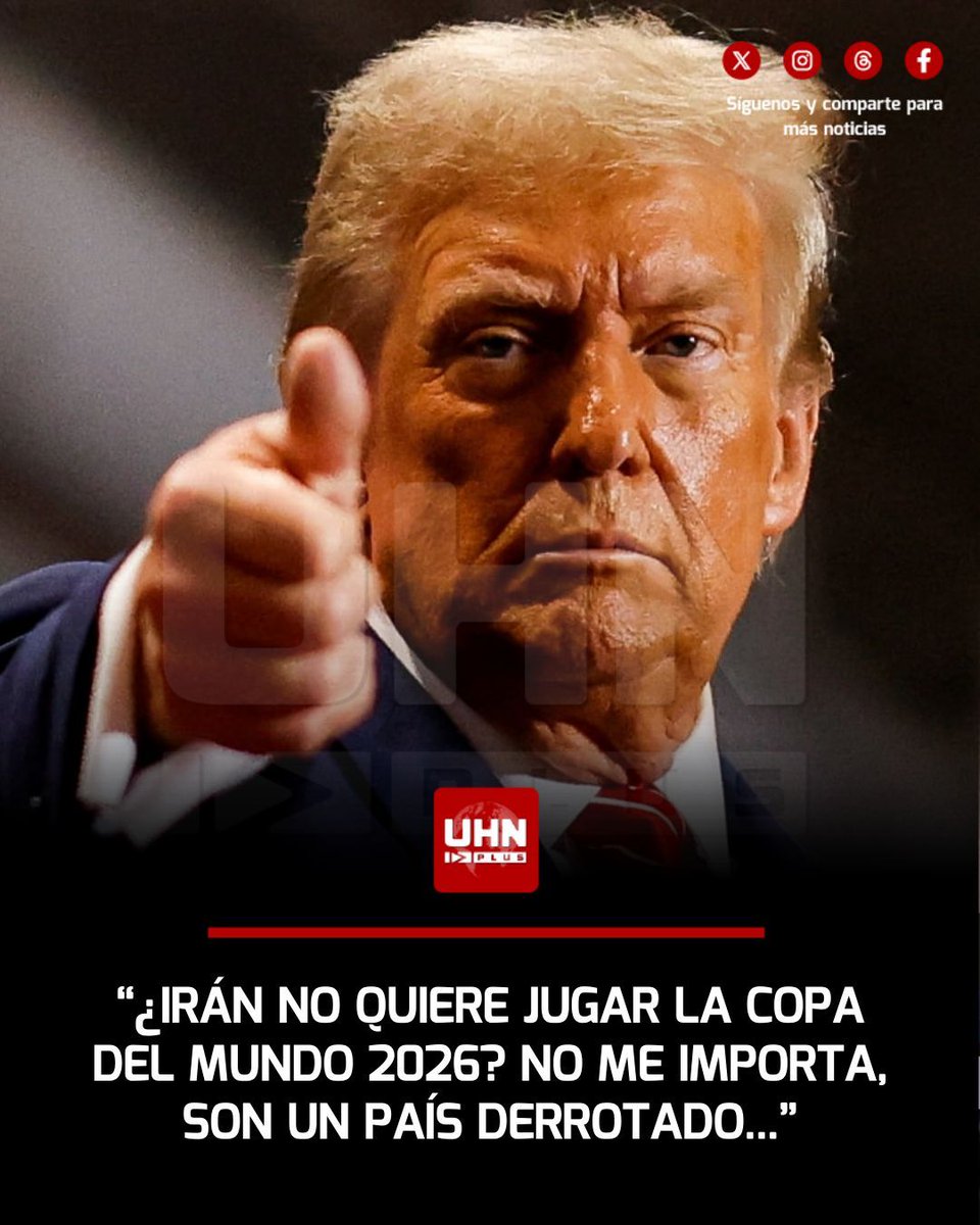UHN_Plus's tweet photo. 🇮🇷🇺🇸‼️ | Luego de los ataques realizados por Estados Unidos y la muerte de Ali Jamenei, la Federación Iraní de Fútbol está decidida a abandonar la Copa del Mundo 2026. Sin embargo, Donald Trump fue devastador en su reflexión sobre esta posibilidad: "¿No quieren jugar el Mundial? Francamente no me importa, creo que Irán es un país muy derrotado. Están agotados...". Irán debía jugar con Australia, Egipto y Bélgica en la ciudad de Los Ángeles y Seattle.