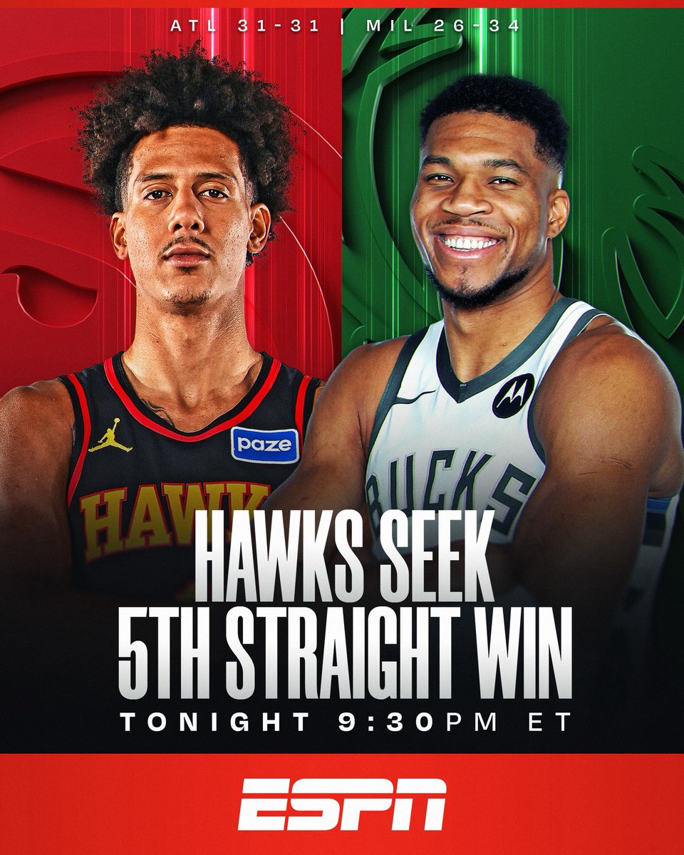 Atlanta looks to stay HOT 🔥
Jalen Johnson (22.7 PPG, 10.6 RPG) and the Hawks go for their 5th straight win vs. Giannis (27.7 PPG, 10.1 RPG) and the Bucks!
Action tips off at 9:30pm/et on ESPN