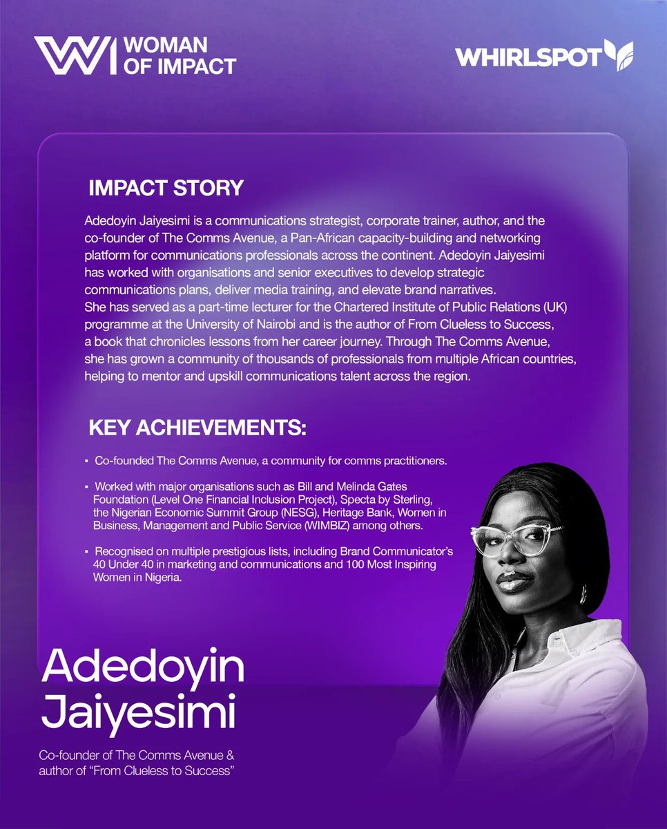 Ahead of #InternationalWomensDay, we celebrate women shaping industries and building lasting impact.

Today’s #WomanOfImpact spotlight: Adedoyin Jaiyesimi, communications strategist, author, and co-founder of The Comms Avenue, empowering thousands of professionals across Africa.