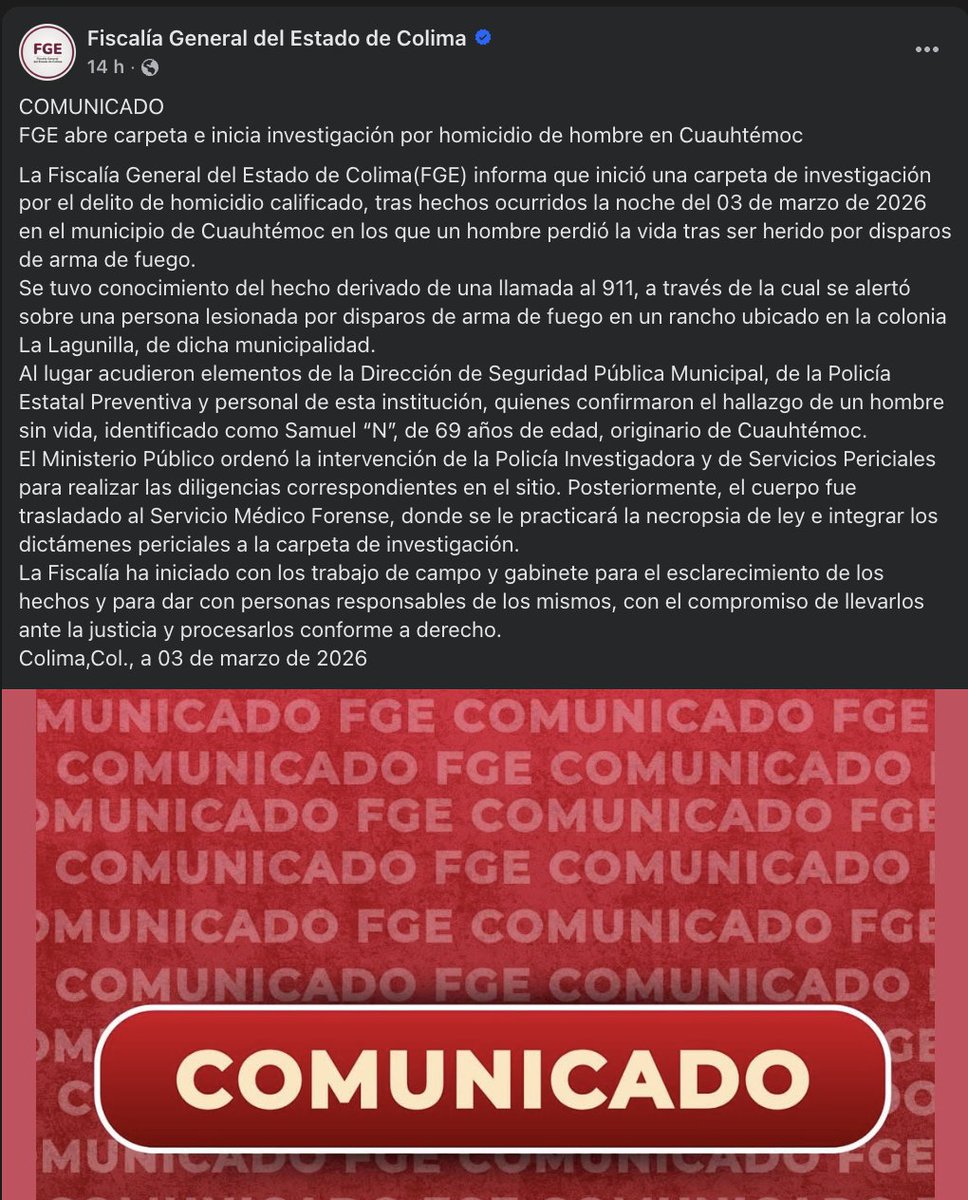 🚨Asesinan al ganadero Samuel González Rodríguez.en Colima

La Fiscalía estatal informó que Samuel ‘N’ fue atacado a balazos la noche del martes 3 de marzo.

Recientemente fue reelecto como presidente de la Unión Ganadera de Cuauhtémoc

Salía de un rancho en la colonia La