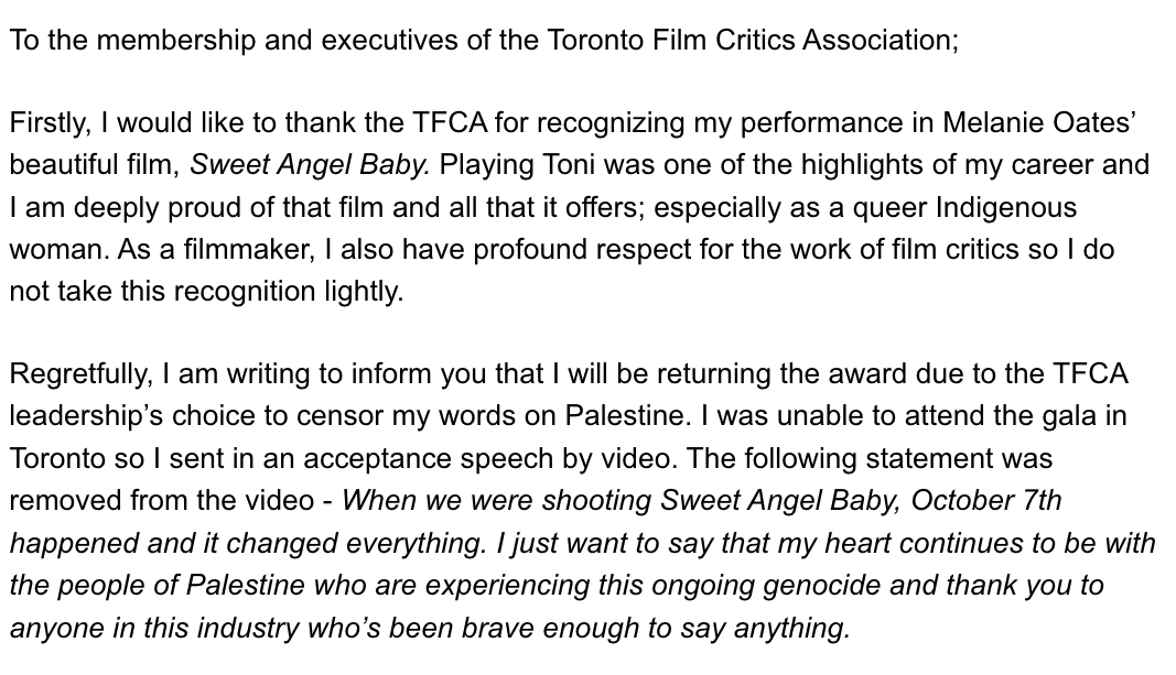 Elle-Máijá Tailfeathers is returning her TFCA award best supporting performance in a Canadian film, following the organization's decision to censor her acceptance speech during Monday night's gala. 

Here are excerpts from Elle-Máijá's email to the TFCA, shared with permission.