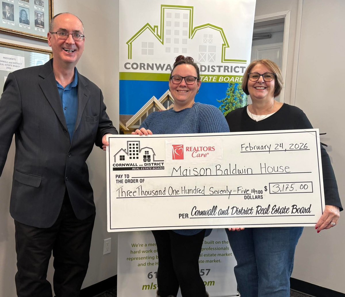 CDREBoard's tweet photo. On February 24, 2026, the Cornwall and District Real Estate Board presented a $3,175 cheque to Maison Baldwin House. This grant was made possible thanks to the generous contributions from REALTOR® Members of the CDREB through the REALTORS Care® Foundation. https://t.co/SO3QoFqQ4l
