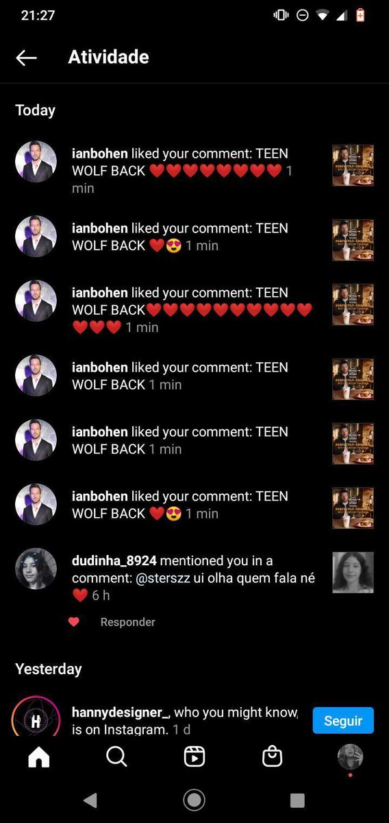 Relembrando o dia em que o ator Ian Bohen, que interpreta o personagem Peter Hale em Teen Wolf, curtiu meus comentários. Eu fui tão feliz nesse dia!!