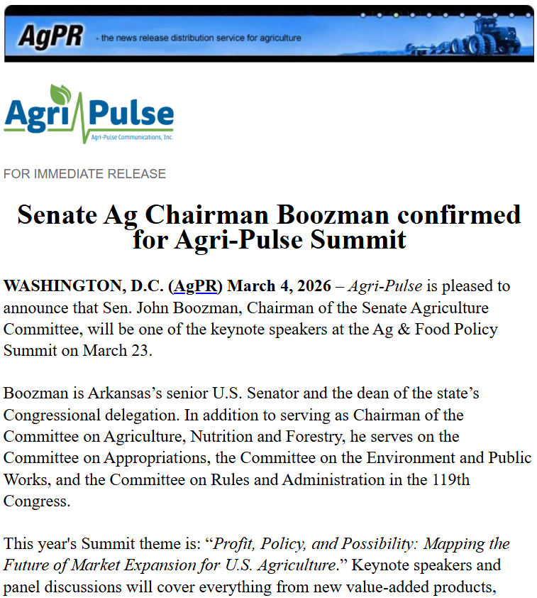 agnewscenter's tweet photo. Senate Ag Chairman Boozman confirmed for Agri-Pulse Summit. https://t.co/rAuwGuvGDr @JohnBoozman @SenateAgGOP @agripulse @PressClubDC #AgPolicy #AgriPulse #AgSummit #FarmBill via https://t.co/NZkPTNRicP https://t.co/GHlJmyTrrD
