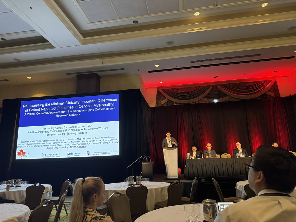 SMH_NSSresearch's tweet photo. Congrats to @ChrisLozanoMD on presenting his study reassessing Minimal Clinically Important Differences in patient-reported outcomes for cervical myelopathy at the 2026 CSS conference. Crucial work for improving patient care! @spinecanada 
#CSS2026 #MCID #spine #myelopathy https://t.co/GVPAIFtDaH