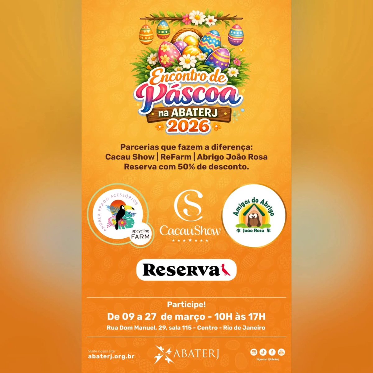 abrigojoaorosa's tweet photo. 🍫 Encontro de Páscoa ABATERJ 2026

A ABATERJ preparou um encontro especial de Páscoa, e o Abrigo João Rosa estará presente com itens da Lojinha  para ajudar nossos peludos 🐶💛

📅 De 09 a 27 de março
⏰ Das 10h às 17h
📍 Sede da ABATERJ -
Rua Dom Manuel, 29 – sala 115 – Centro https://t.co/Jixi25zq79