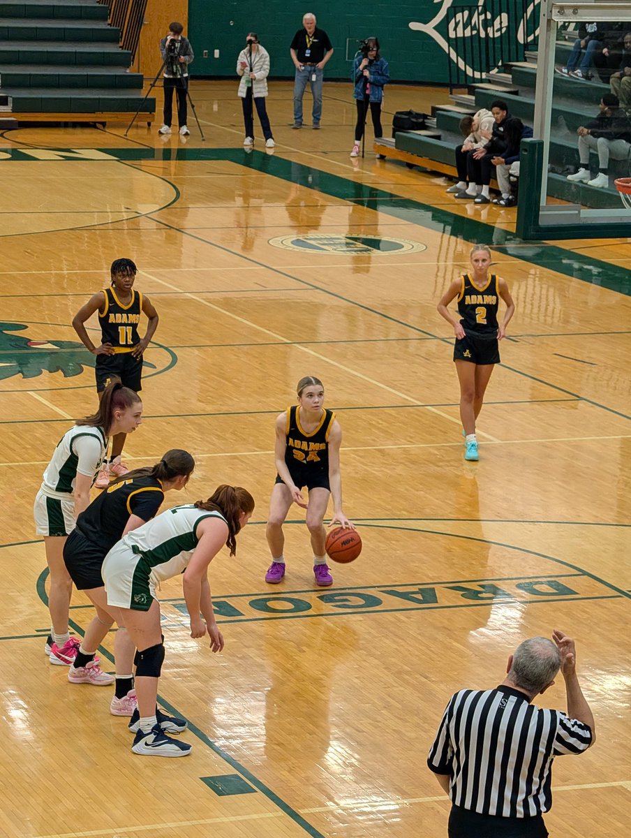 CoachEvanBell's tweet photo. @RaeganJerrell swats a layup from behind and fires a dart to @FaithZoldos2026 in stride for the and-one finish. Faith swishes the free throw for Adams to tie the game at 6 in the first quarter. @PGHMichigan https://t.co/nM6frwRmGM