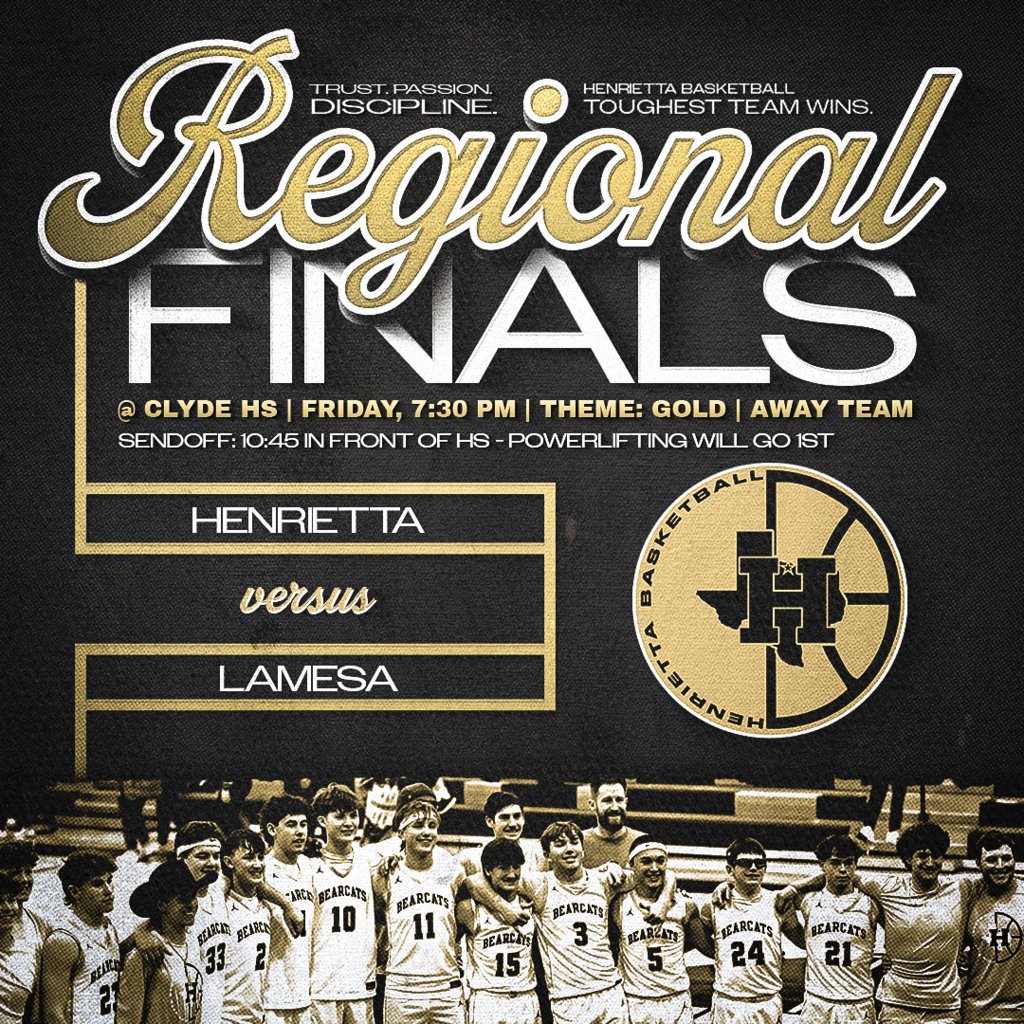 🏀 REGIONAL FINALS 🏀

🗓 Friday | ⏰ 7:30 PM
📍 Clyde
🆚 Lamesa
🚍 AWAY GAME

🎉 Sendoff: 10:45 AM at the HS (Powerlifting first)

Let’s PACK THE GYM and support the Bearcats as they battle for a spot in the State Semifinals!

#TPD