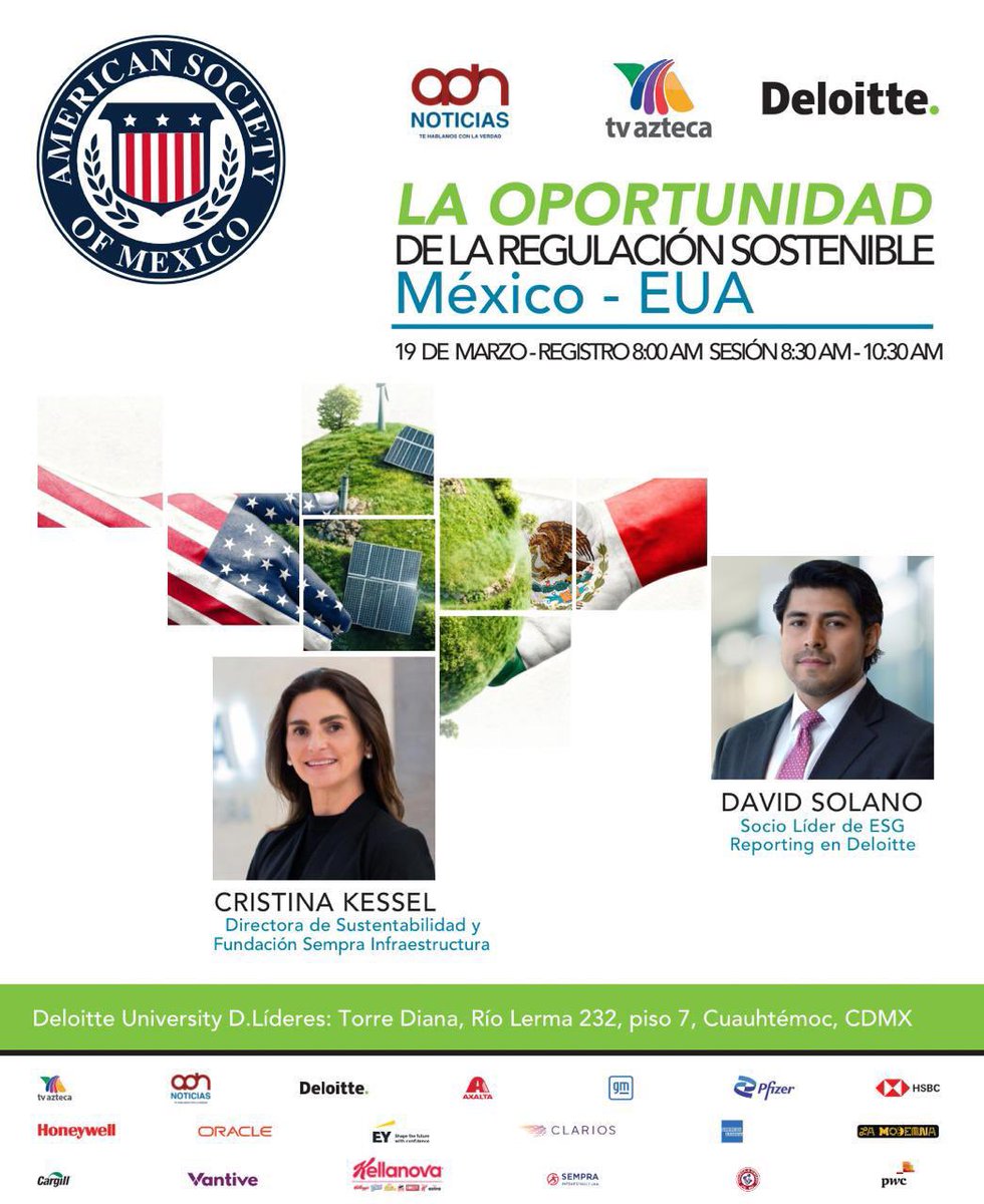 amsocmx's tweet photo. American Society of Mexico te invita al evento "La oportunidad de la regulación sostenible México-EUA", que se llevará a cabo este 19 de marzo; registro inicia a las 8:00 am.

🔗 Regístrate aquí:
https://t.co/OTp63auFms

#AMSOC #RegulacionSostenible #Adn40 #TvAzteca #Deloitte #DiálogoYCooperación
