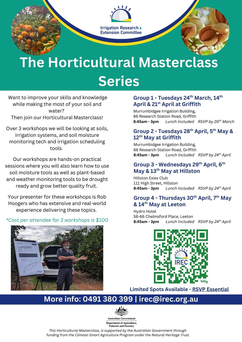 IRECNSW's tweet image. Calling all Horticultural Growers to The Horticultural Masterclass Series 🌱 
📅Series Blocks throughout March, April and May 2026
📍Griffith, Hillston and Leeton
⏰8:45am - 3pm
RSVP: bit.ly/HMSRSVPG
Supported by the Australian Government through funding from @DAFFgov