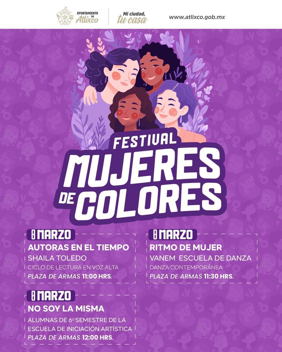 ColumnaNoticias's tweet photo. Ariadna Ayala presenta el festival “Mujeres que Inspiran” en #Atlixco por el #8M. 💜
​🎭 Actividades: Danza, lectura y la obra “No soy la misma”.
📅 8 de marzo | 11:00 h.
📍 Plaza de Armas.
​Además, conferencias el 6 y 19 de marzo. 💪✨
​#8M2026 #AriadnaAyala https://t.co/6FhbZUJAfe