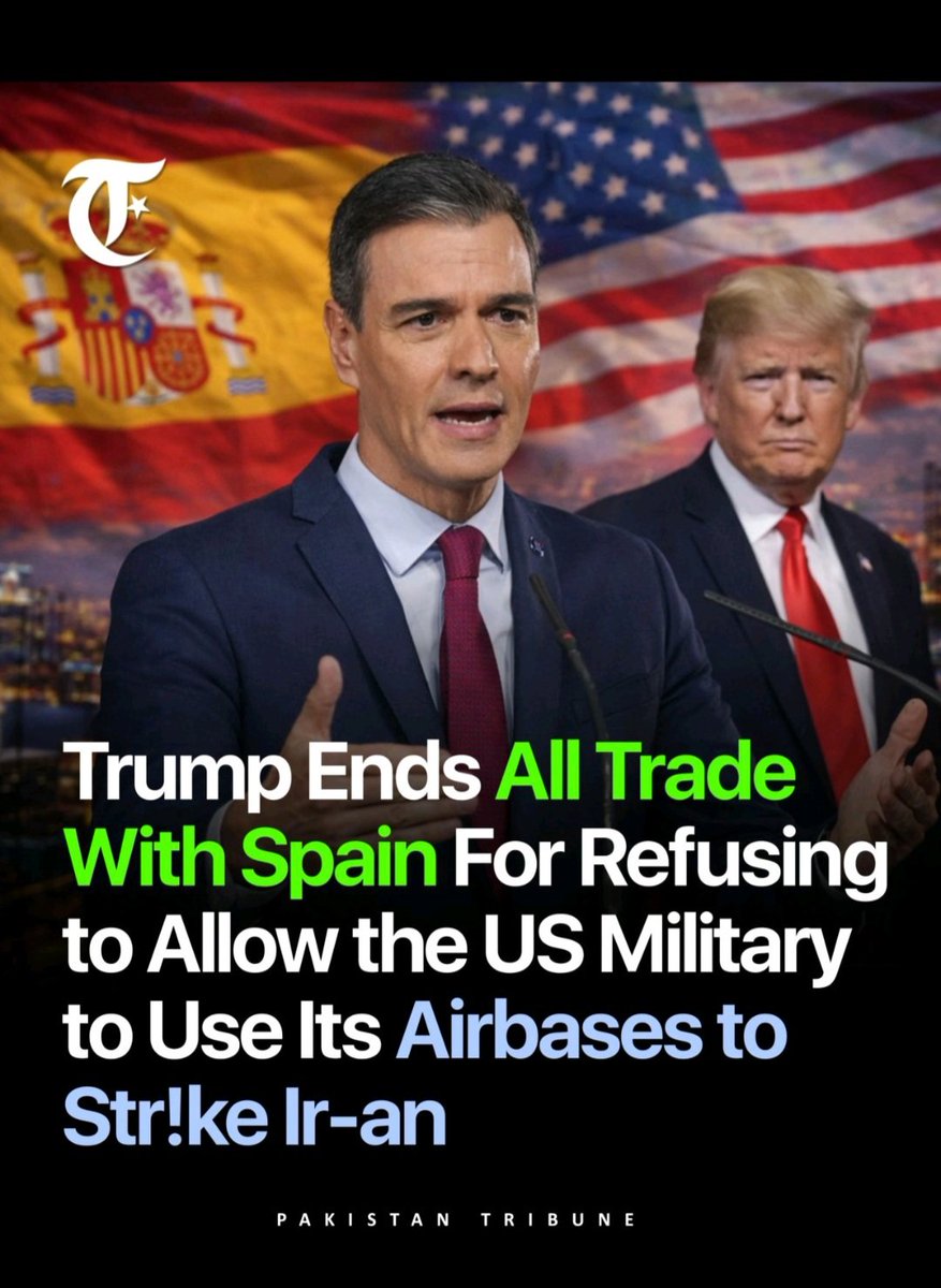 WaseemaliPanhw3's tweet photo. Trump has announced no trade with Spain because it didn't participate in the war along with America and Israel against Iran.While Spain officials said "No War Any More" this is what they are paying for.
#SpainDoesNotSupportTrump
#TrumpisaNationalDisgrace
#IranWar
@Mnasirbuttt https://t.co/rKTGHl6GJi