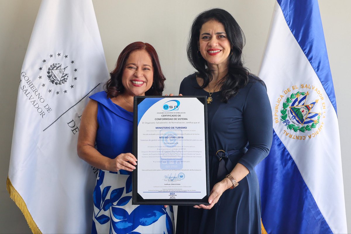 MorenaValdezSV's tweet photo. Hoy recibimos la certificación del Sistema de Gestión Antisoborno ISO 37001, otorgada por el @OSN_sv. Un reconocimiento que respalda nuestro compromiso con una gestión pública ética, responsable y alineada con estándares internacionales.

Seguiremos trabajando por el desarrollo del turismo en El Salvador.
🔗 https://t.co/w44tErFpyU