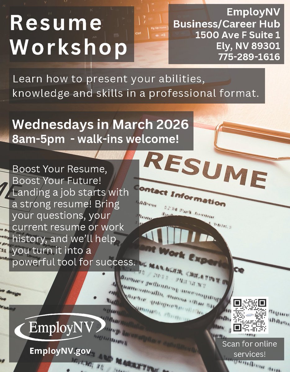 EmployNVNorth's tweet image. A #Resume isn’t one‑size‑fits‑all - having an EmployNV Career Coach help tailor it to your #Skills and the job you want helps you stand out, get noticed, and feel confident hitting apply.

Wednesdays 8am-5pm
📍 EmployNV Business/Career Hub, 1500 Ave F Suite 1, Ely, NV 89301