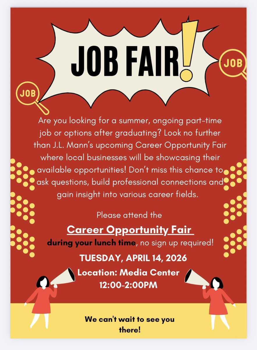 JLMannHigh's tweet photo. JLM Career Opportunity Fair coming up on April 14th! Read flyer for more information! #EmpireofMANN https://t.co/sJJBQaC19A