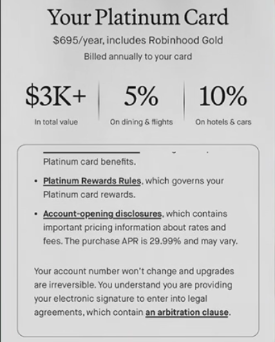 The $HOOD Take Flight event has started and they just announced the Platinum Credit Card!

*$100k - $1m credit limit mentioned
5% cashback on dining and flights
10% on hotels and cars
And more for $3k in total value