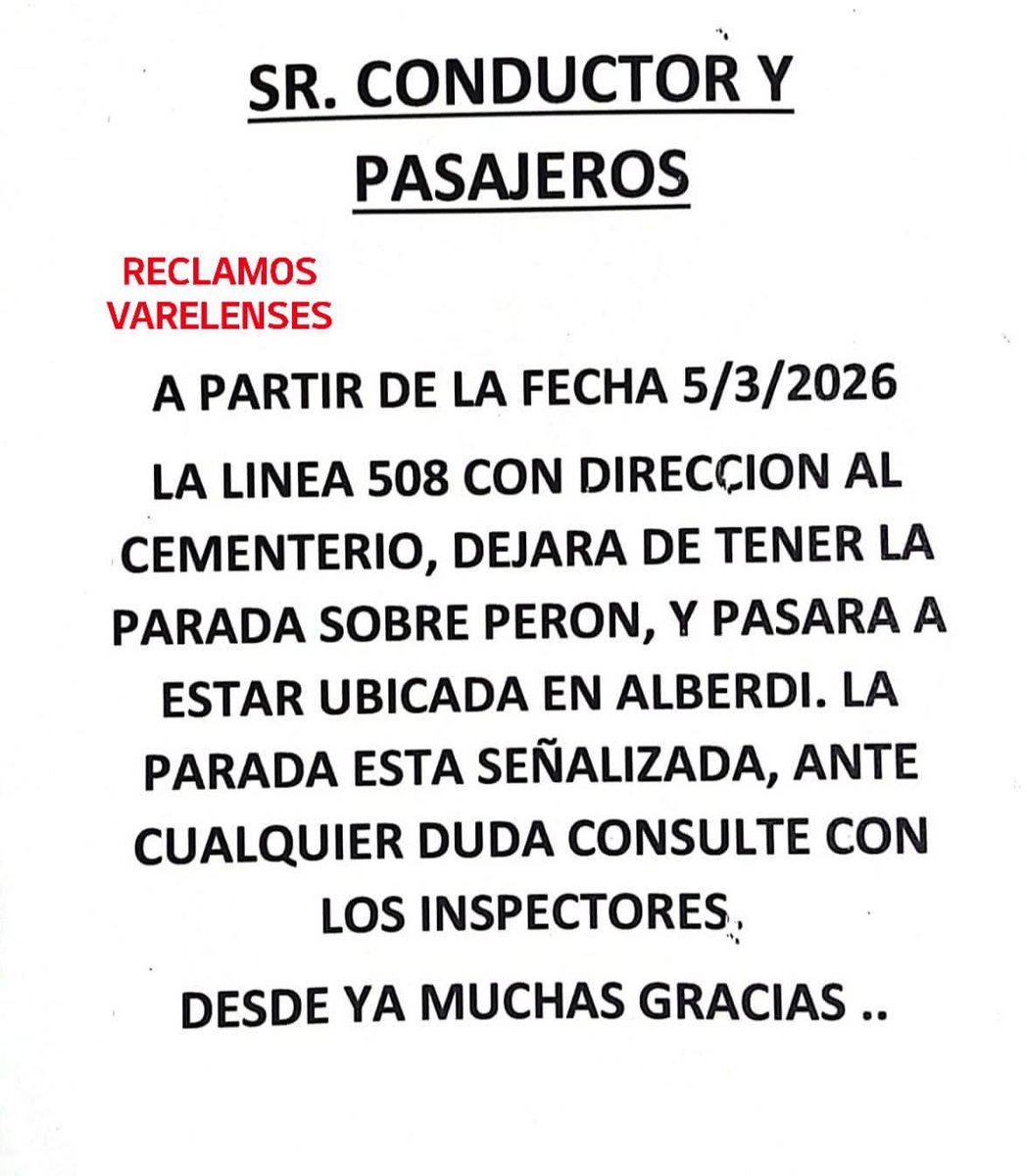 ATENCIÓN USUARIOS!!! 📢

✅Apartir del 5 de MARZO ,la #linea508 con dirección al cementerio,dejara de tener la parada sobre Perón.

⚠️La misma sera ubicada en calle Alberdi.

🚌🚏La parada esta señalizada.