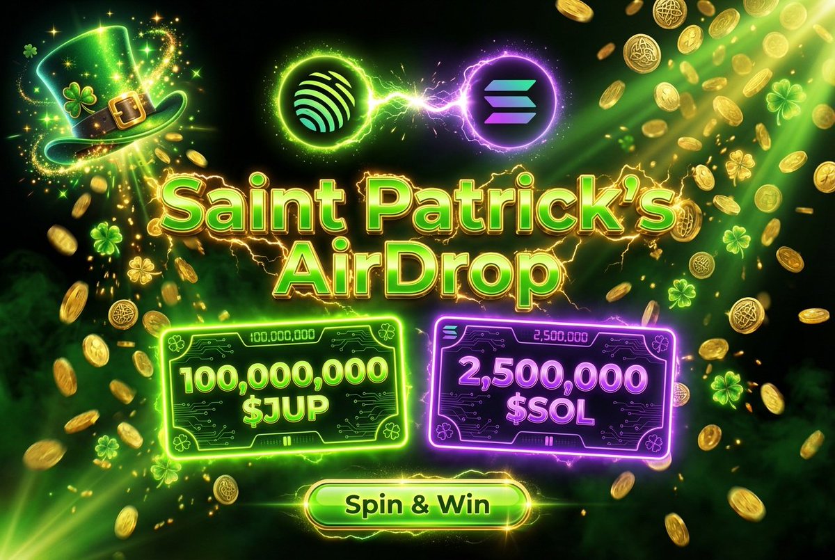 JUPSpring's tweet photo. 🟢 JupiterExchange x solana just made Saint Patrick's Day legendary

The biggest AirDrop collab of the season:

💚 100,000,000 $JUP
💜 2,500,000 $SOL

Connect. Spin. Claim. It's that simple.

🌐 https://t.co/bkzjXJe977

#JUP #Solana #AirDrop #StPatricksDay #Web3 #DeFi #Crypto https://t.co/V7xgmGnQYh