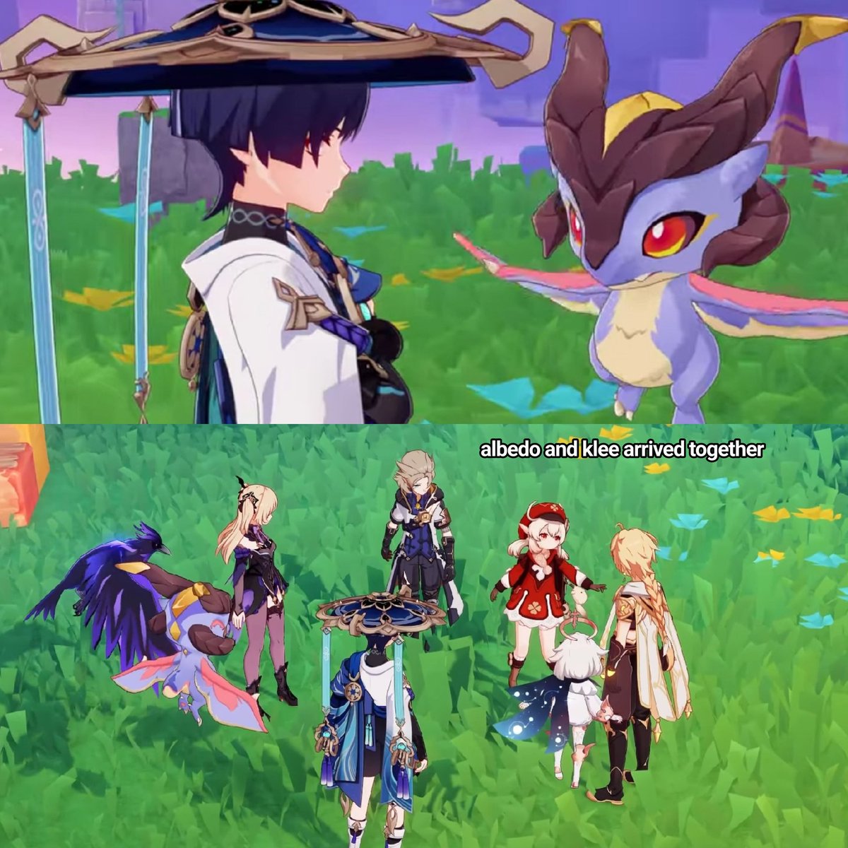 surtada1n's tweet photo. i think the scene where albedo first appears in simulanka illustrates the way he groomed mini durin to participate in his experiment. first of all durin and klee are acting childishly here then agree to play somewhere else, leaving albedo and scara alone (who function as their🧵+ https://t.co/C4Ceg5OhKr