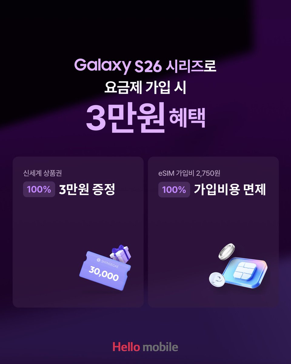 lghellomobile's tweet photo. 📱 갤럭시 S26 지금 사면 혜택 최대 50만원!

헬로모바일에서 #Galaxy #S26 구매 + #알뜰요금제 가입 시
🎁 신세계 상품권 3만원 100% 증정
🎁 추가 혜택 최대 47만원

새로 나온 #갤럭시 S26,
#헬로모바일 에서 더 합리적으로 만나보세요.

지금 바로 가입하기 👉 https://t.co/lybF0pC9e0 https://t.co/t7wfyCddvo