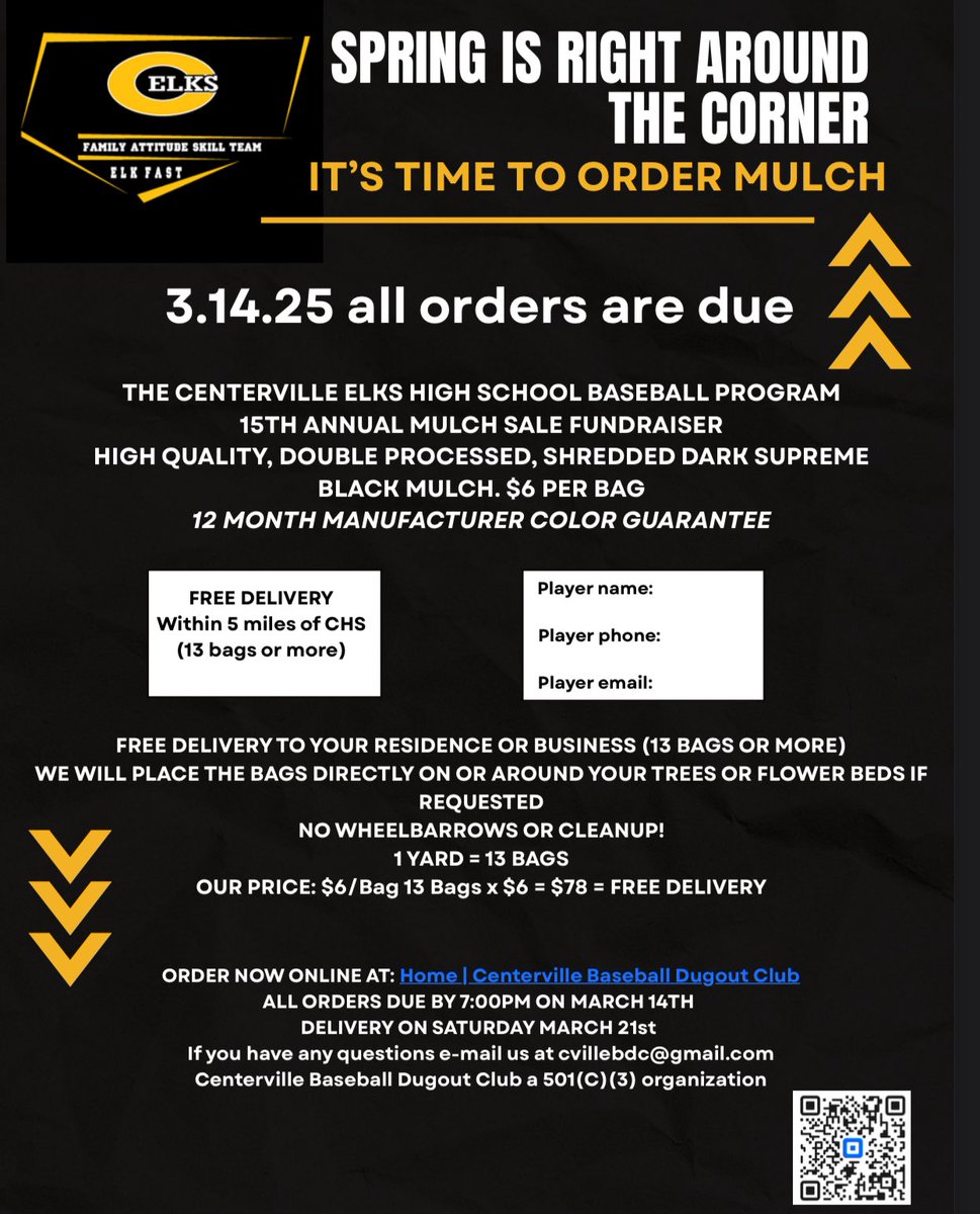 It’s that time of the year! Our baseball team is selling mulch. They will deliver. See the flyer for details.