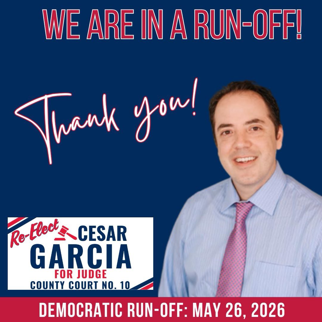 JudgeCesarCC10's tweet photo. We finished our re-election race last night with 43% of the vote against two opponents. 
We are in a run-off. I will need all of your continued help and support as I walk in to this run-off cycle. The work is not over but I look forward to it. 
#ReElectJudgeCesarGarcia https://t.co/QjAO1hEnSu