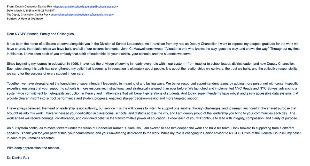 DOE SHAKEUP:  Danika Rux is OUT as Deputy Chancellor for School Leadership, the title  created by ex-Chancellor David Banks.
Rux is staying on: "my role is changing to Senior Advisor to the  Office of the General Counsel."
Unclear whether she will keep her salary: $312,357.