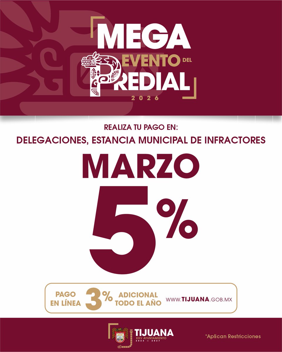 BCaperuzo's tweet photo. Cumplir con tu predial puede generar ahorro 📅
En marzo 5%, como parte del Mega Evento Predial 2026.
El pago en línea suma 3% adicional durante todo el año 🌐
#Predial2026 #Tijuana #Beneficios #PagoPredial https://t.co/UB4YyRDSch