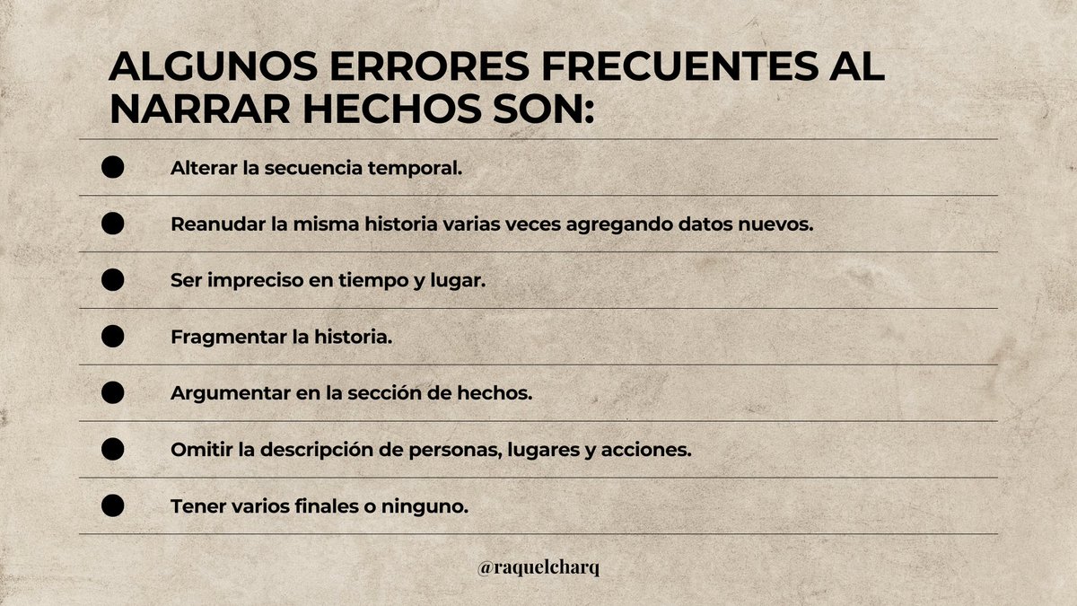 RaquelCharq's tweet photo. Consejo jurídico no pedido:
La organización de los hechos no es estética... es estratégica.

Antes de narrar, identifica los temas que funcionarán como ejes orientadores.
Esos temas determinan cómo ubicar la información, ya sea en orden cronológico, temático o mixto.
Cuando los hechos son extensos o complejos, utiliza subtítulos y categorías explicativas. Facilitan la comprensión y reducen el desgaste del lector.

Algunos errores frecuentes al narrar hechos son:
– Alterar la secuencia temporal.
– Reanudar la misma historia varias veces agregando datos nuevos.
– Ser impreciso en tiempo y lugar.
– Fragmentar la historia.
– Argumentar en la sección de hechos.
– Omitir la descripción de personas, lugares y acciones.
– Tener varios finales o ninguno.
La sección de hechos no es un espacio para persuadir jurídicamente. Es un espacio para construir claridad.

Unas reglas básicas de una buena narración son:
– Inicio, desarrollo y final definidos.
– Brevedad y simplicidad.
– Orden.
– No repetición.
– Evitar digresiones.
– No sustituir la narración por transcripciones de testigos.
Y siempre responder: quién, qué, cómo, cuándo, dónde, por qué y con qué medios ocurrió el hecho.

Si el litigante entrega una historia desordenada, el juez tendrá que ordenarla.
Y ningún juez quiere hacer el trabajo narrativo que le corresponde a las partes.