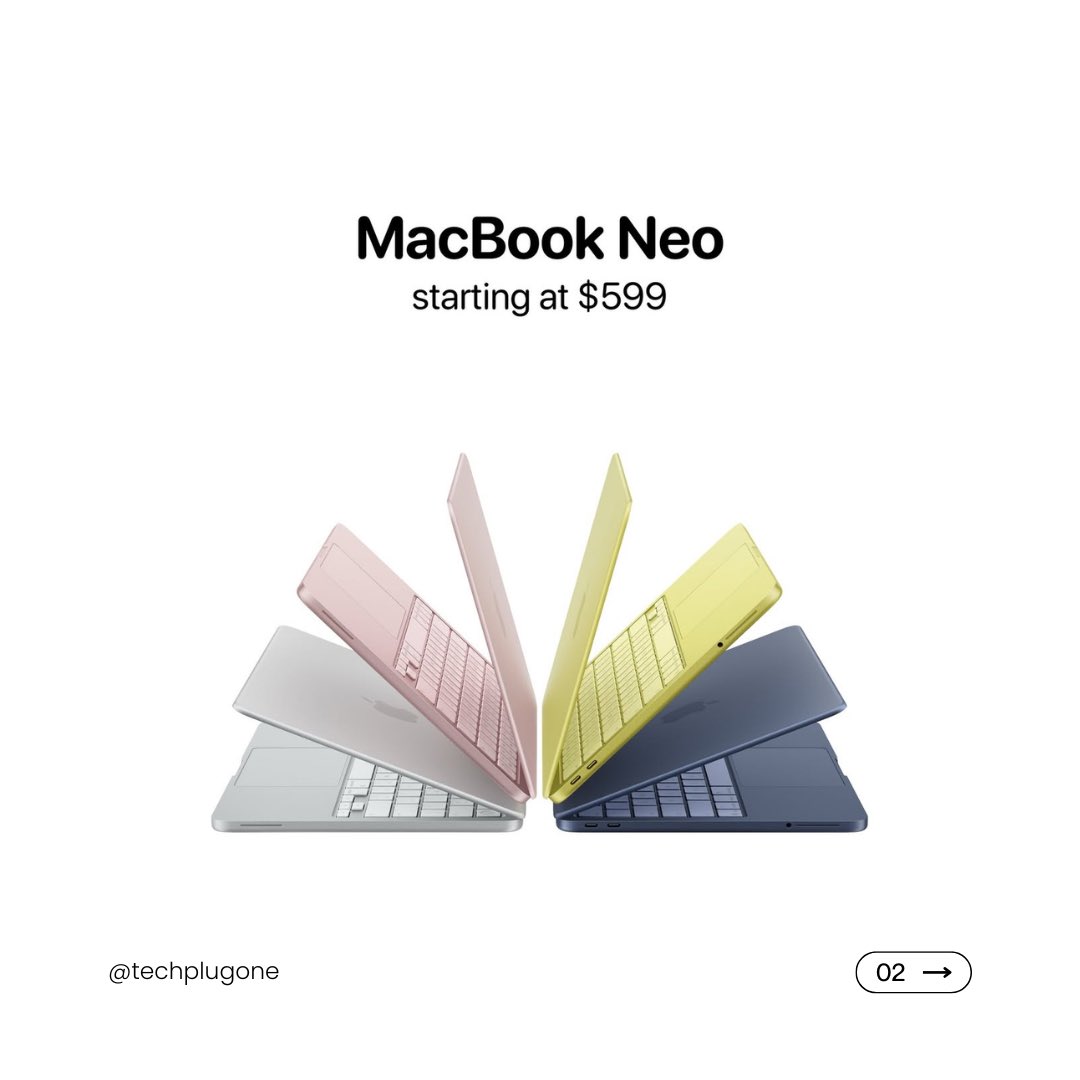 techplugone's tweet photo. A Mac for $599? 🤯 Meet the MacBook Neo. A18 Pro chip, 16-hour battery, and 4 stunning colors. Orders are live.
#TechPlugOne #MacBookNeo #Apple #A18Pro #FYP #TechNews #Innovation #AppleIntelligence https://t.co/fnv3xbjQOc