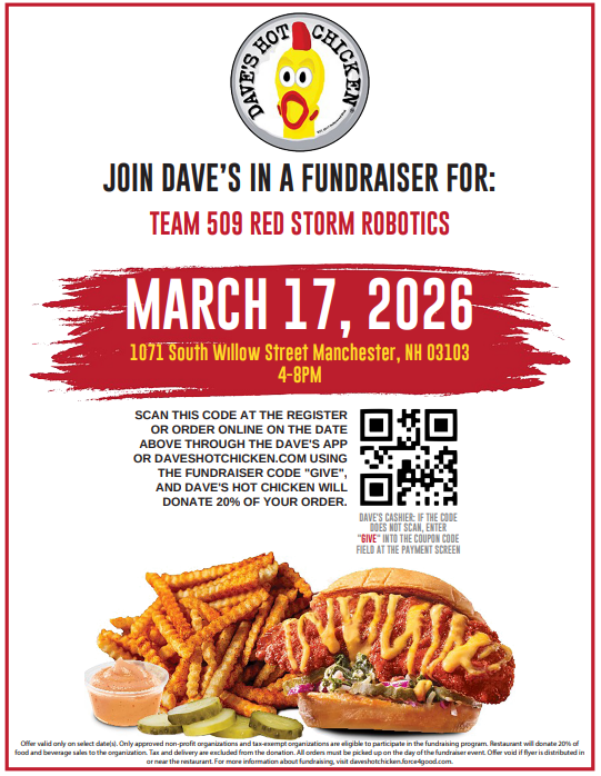 RedStorm509's tweet photo. Join Red Storm 509 for a fundraising night at Dave's Hot Chicken, where a portion of proceeds will be donated to our team! Thank you in advance for your support! https://t.co/YqxlbxmAeK